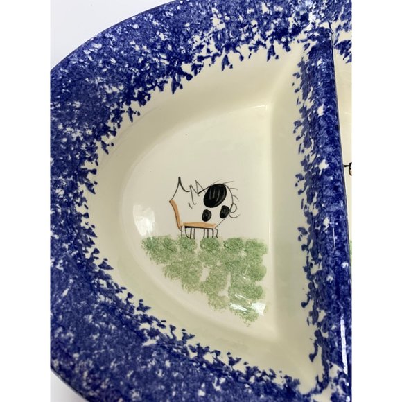 MOLLY DALLAS ROUND DIVIDED VEGETABLE BOWL ~ Pig Cow Blue Spatterware Farmhouse - Picture 7 of 10